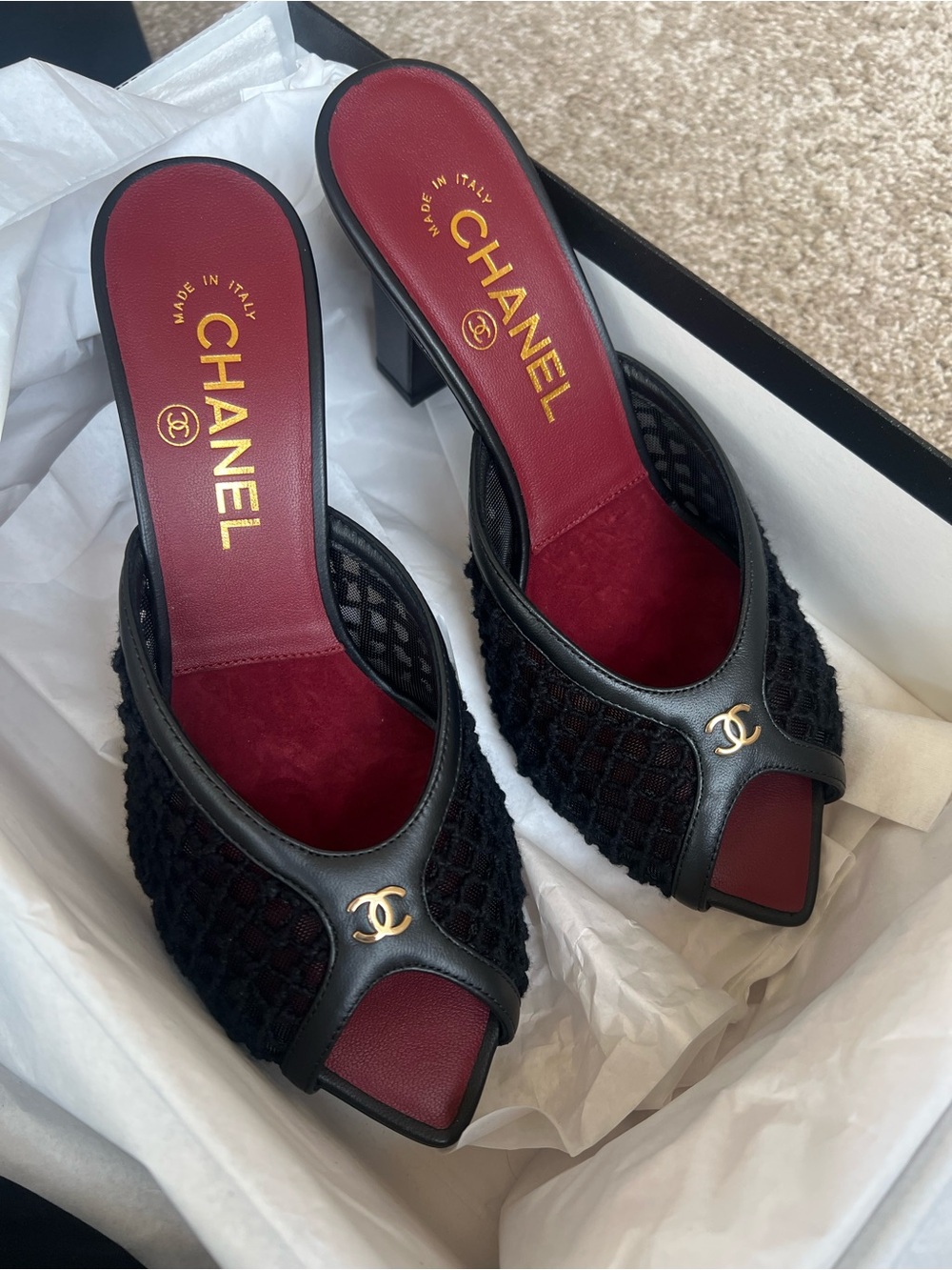 Chanel 26M coco beach black mesh heels size 37